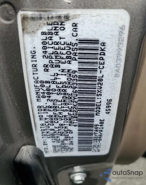 2000 Toyota Camry Ce from USA, damaged, VIN 4T1BG22K2YU693359